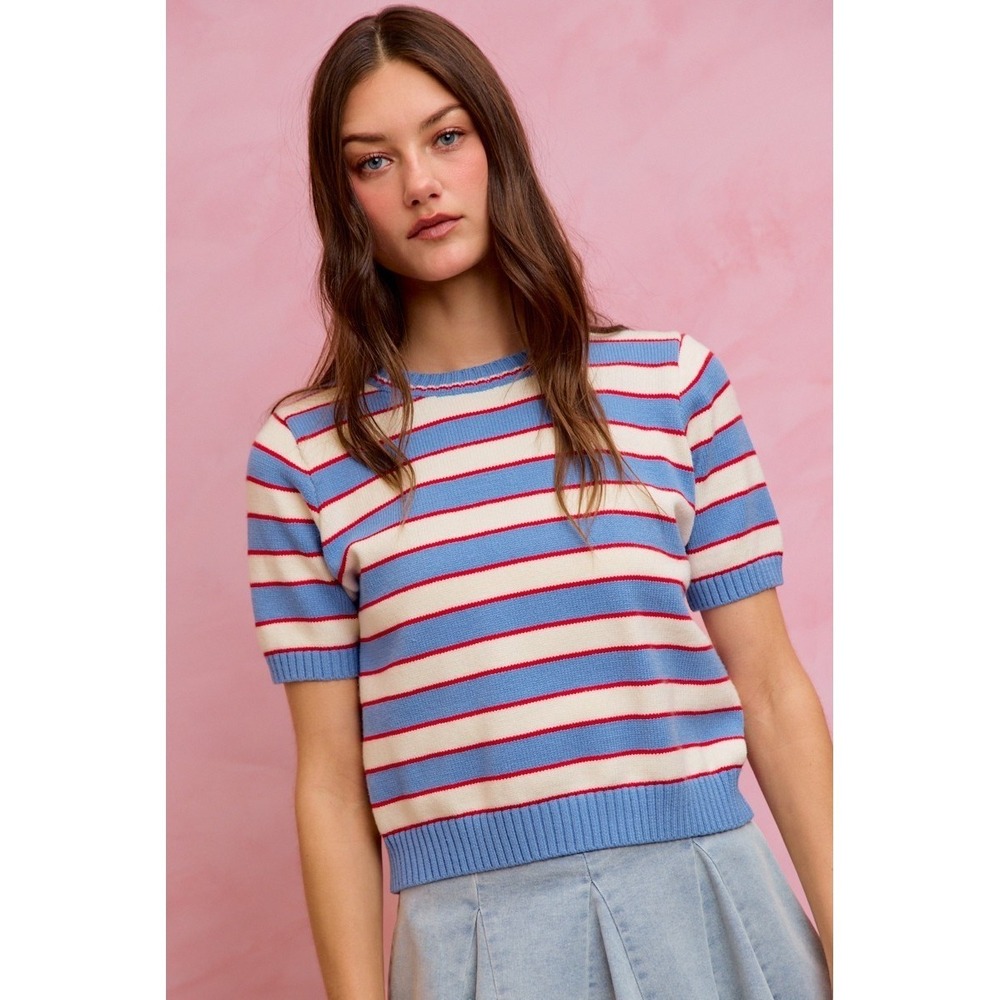 SO ME Stripe Knit Crew Neck‎ Short Sleeves Sweater Top - Large